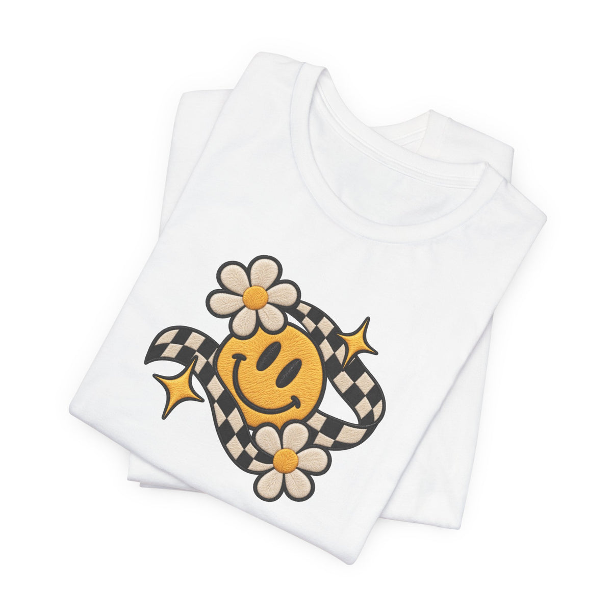 Smiley Flower Checkerboard Tee — Retro Happy Face Graphic T-Shirt