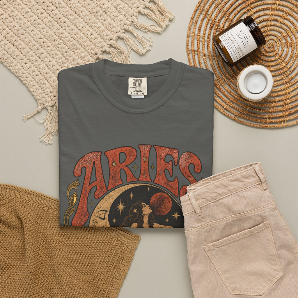 Aries Zodiac T‑Shirt — Vintage Moon & Ram Astrology Tee