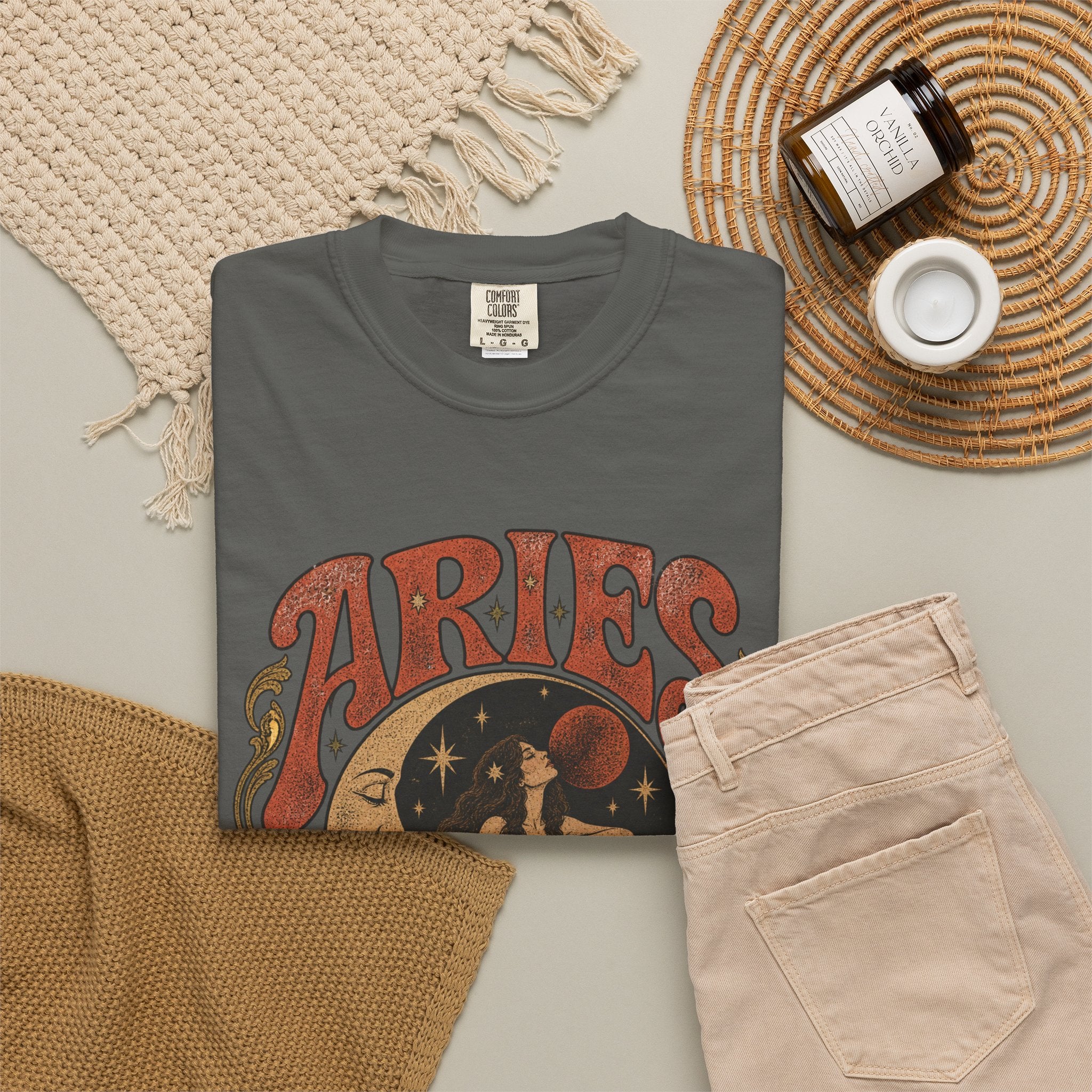 Aries Zodiac T‑Shirt — Vintage Moon & Ram Astrology Tee