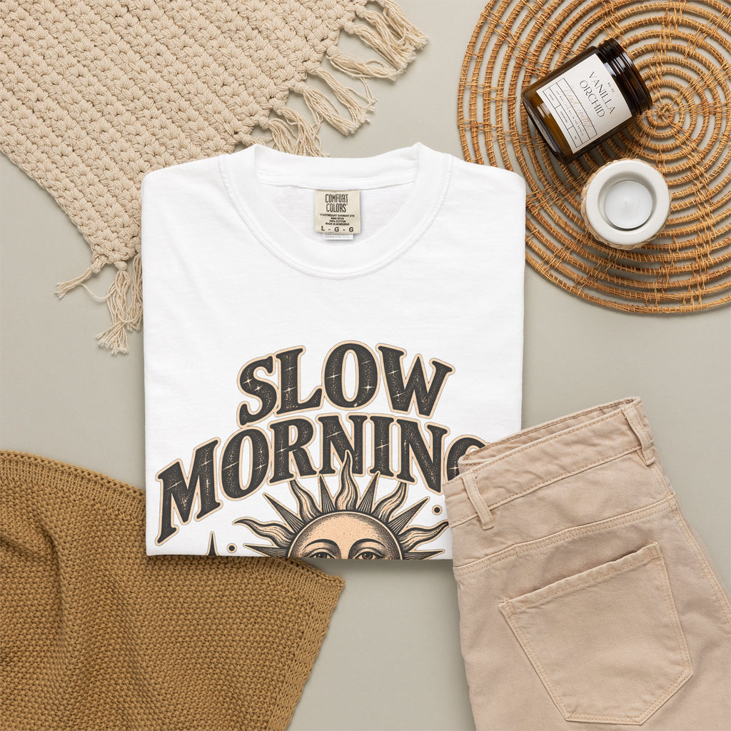 Slow Mornings Tee — Retro Sunrise Garment-Dyed Graphic T-Shirt
