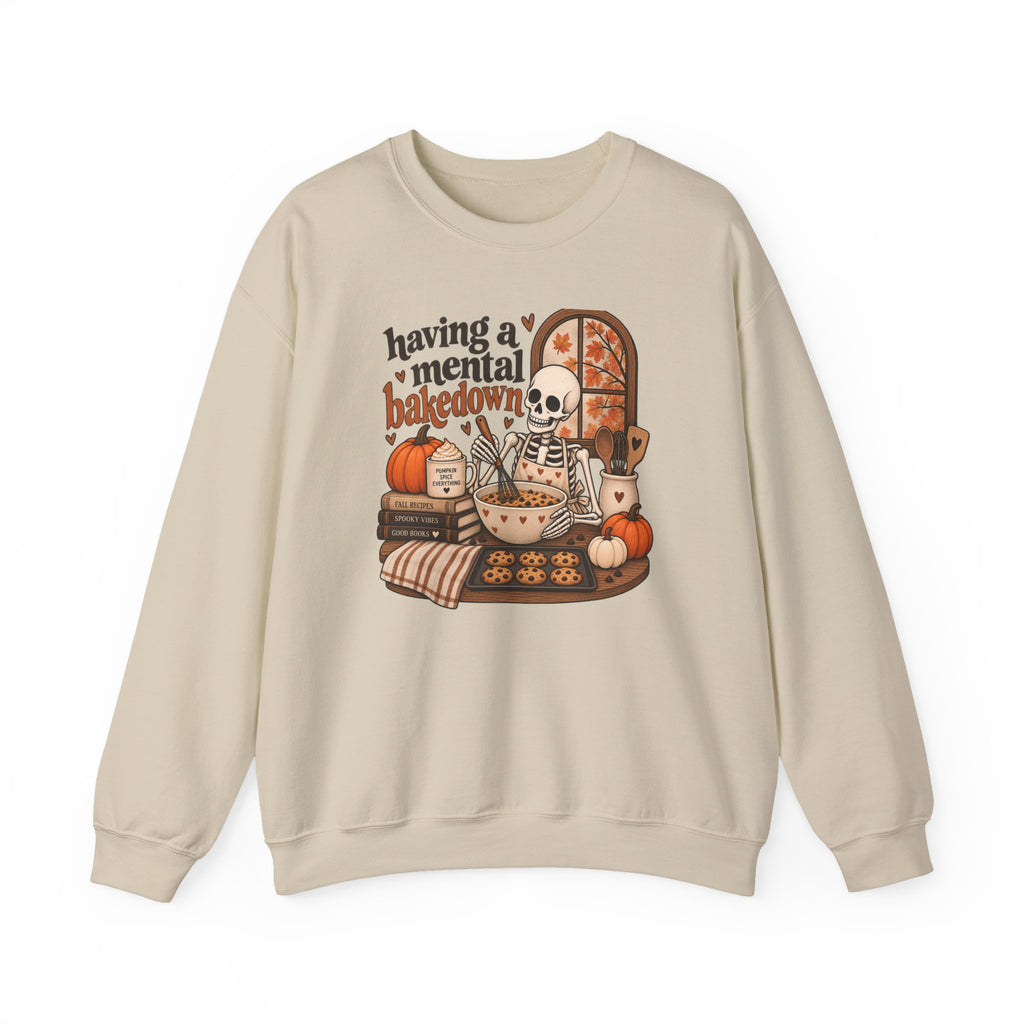 Fall Baking Skeleton Sweatshirt – “Having a Mental Bakedown” Cozy Halloween Crewneck