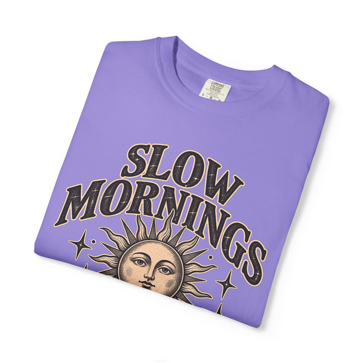 Slow Mornings Tee — Retro Sunrise Garment-Dyed Graphic T-Shirt