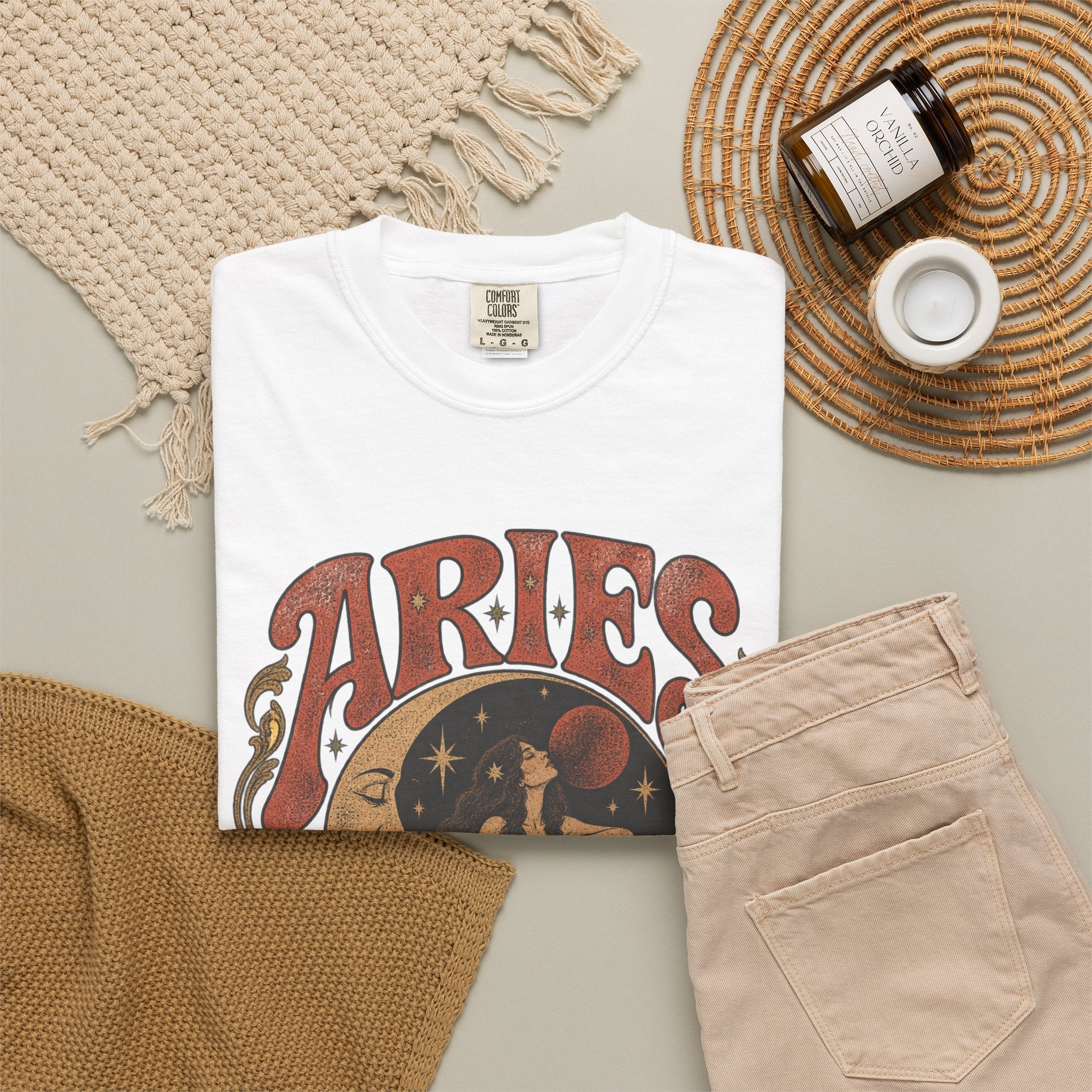 Aries Zodiac T‑Shirt — Vintage Moon & Ram Astrology Tee