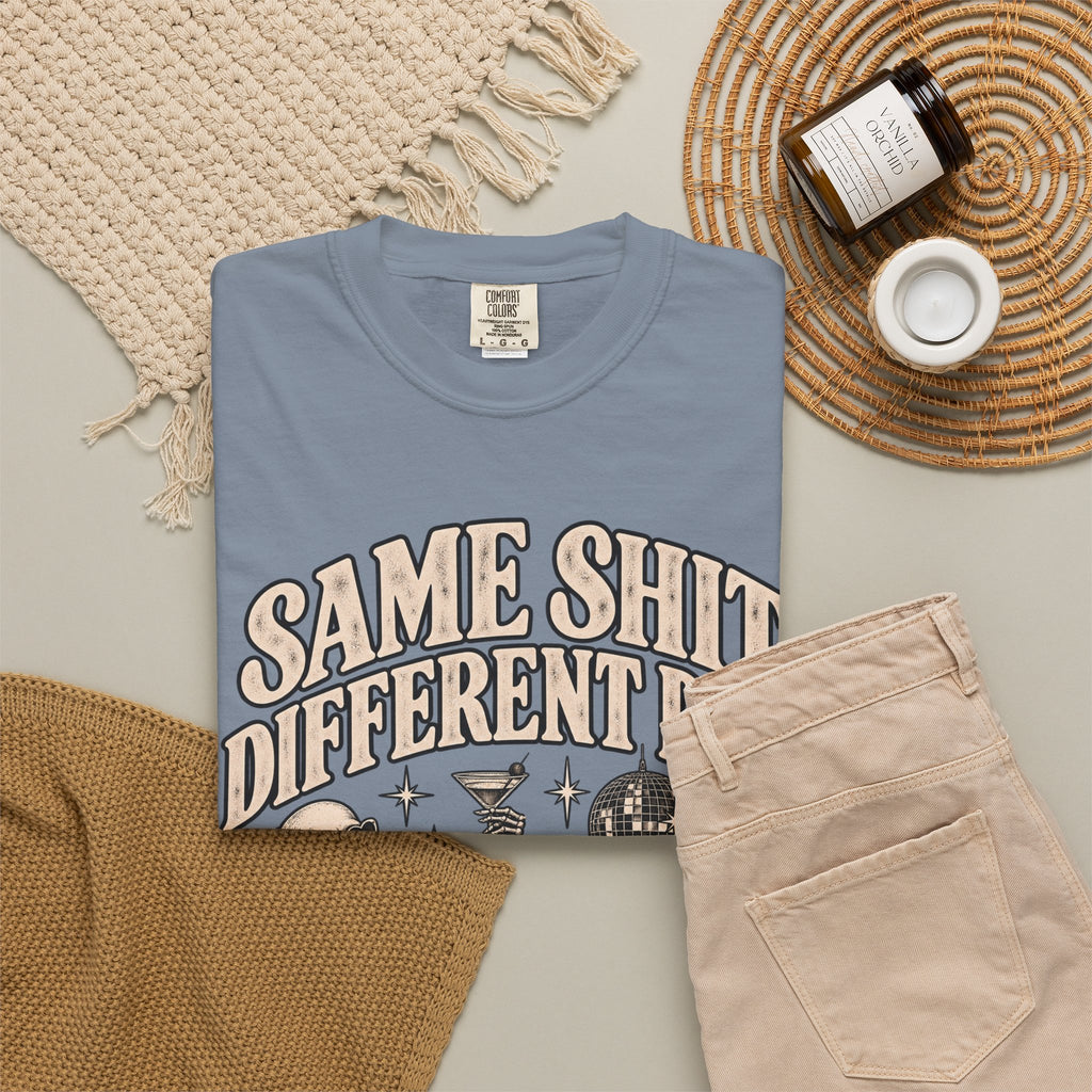 Same Shit Different Day Tee — Retro Skeleton Disco Graphic T-Shirt