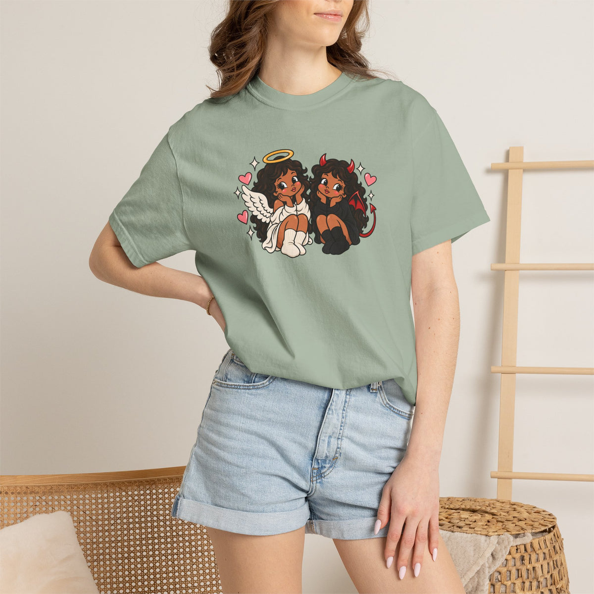 Angel and Devil Cute Graphic Tee — Kawaii Couple Illustration T-Shirt