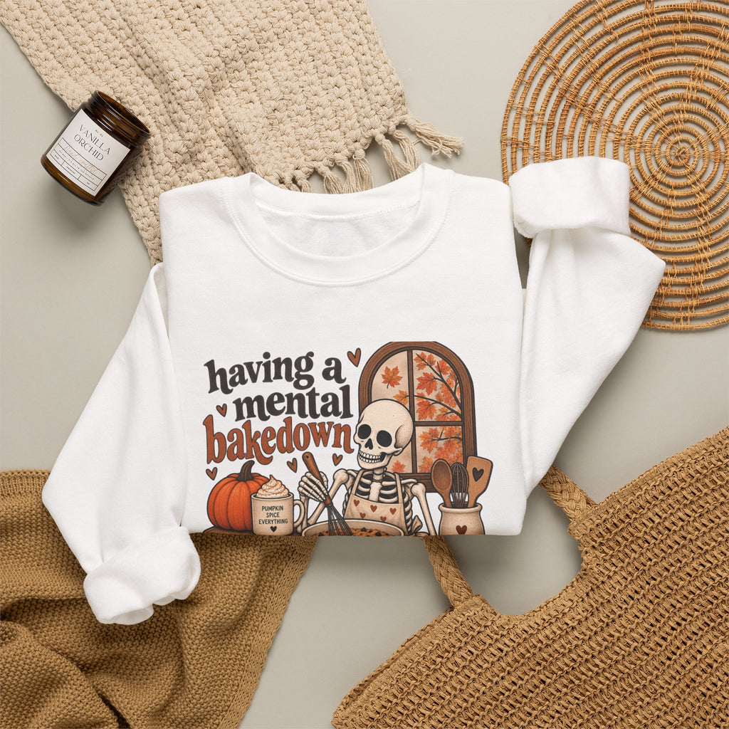 Fall Baking Skeleton Sweatshirt – “Having a Mental Bakedown” Cozy Halloween Crewneck