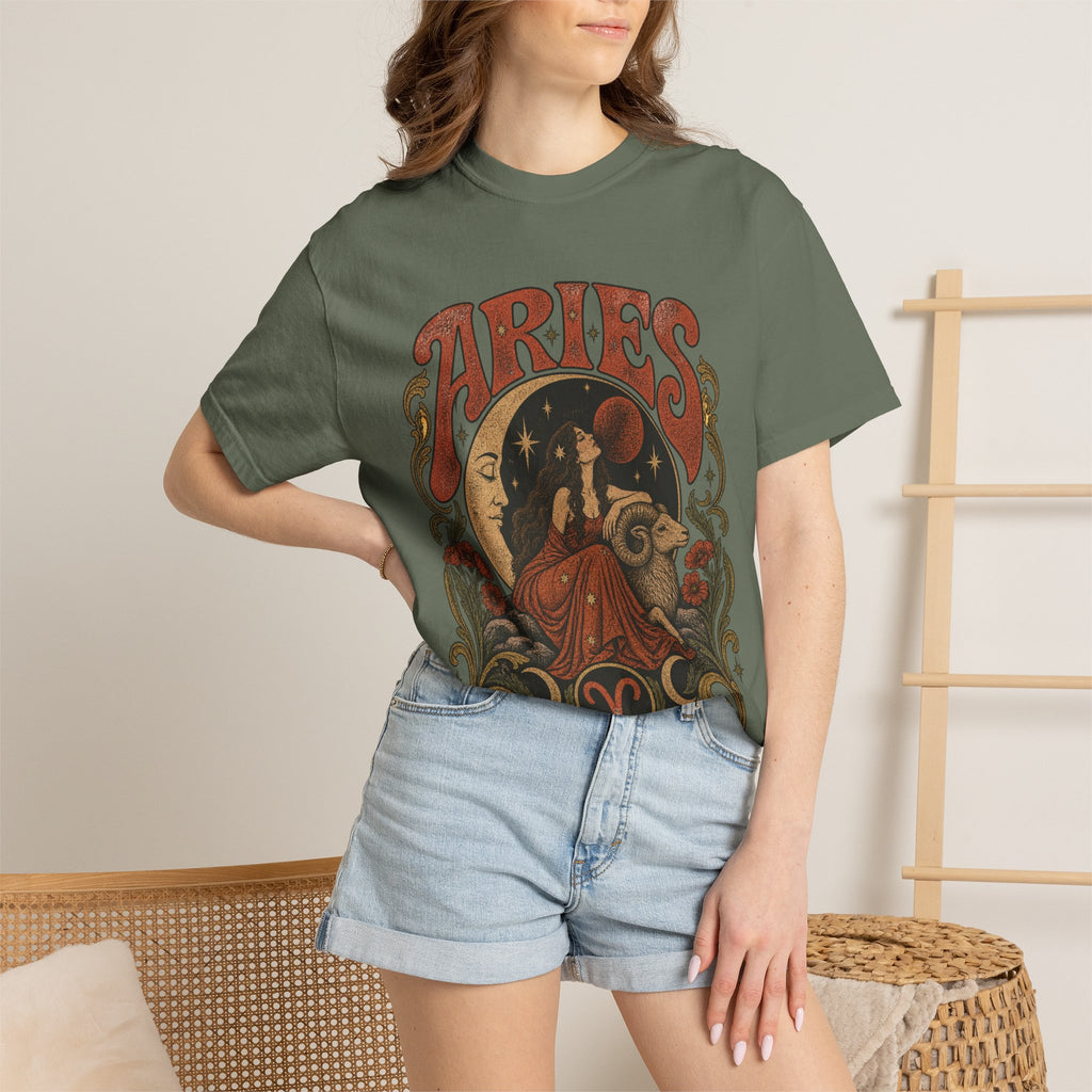 Aries Zodiac T‑Shirt — Vintage Moon & Ram Astrology Tee