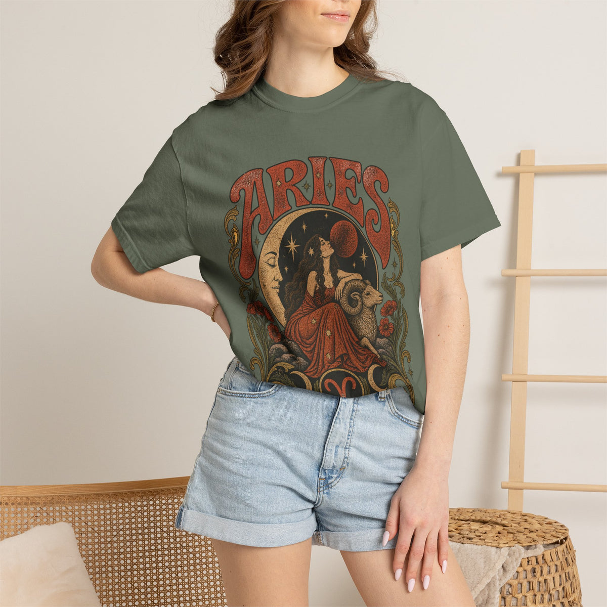 Aries Zodiac T‑Shirt — Vintage Moon & Ram Astrology Tee