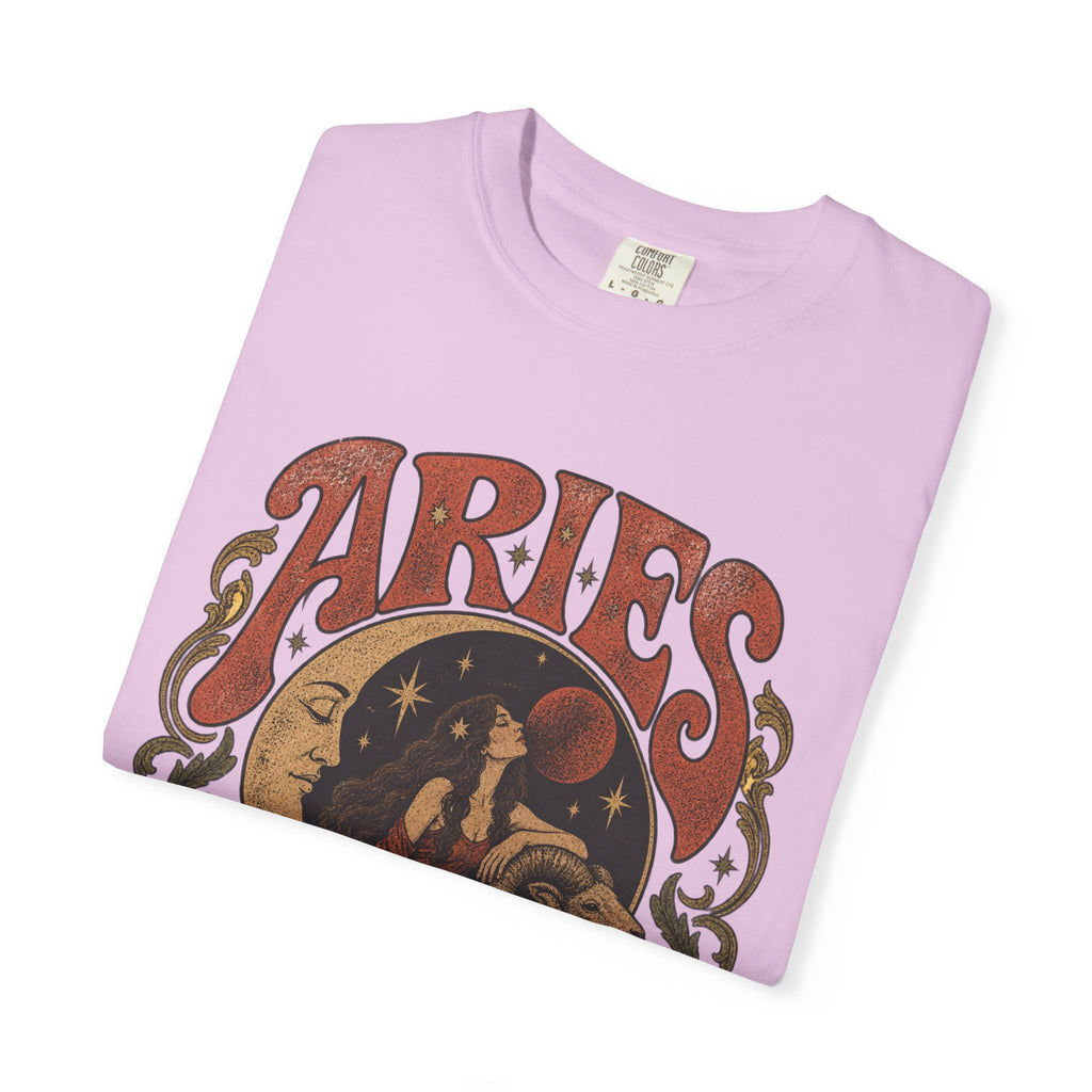 Aries Zodiac T‑Shirt — Vintage Moon & Ram Astrology Tee