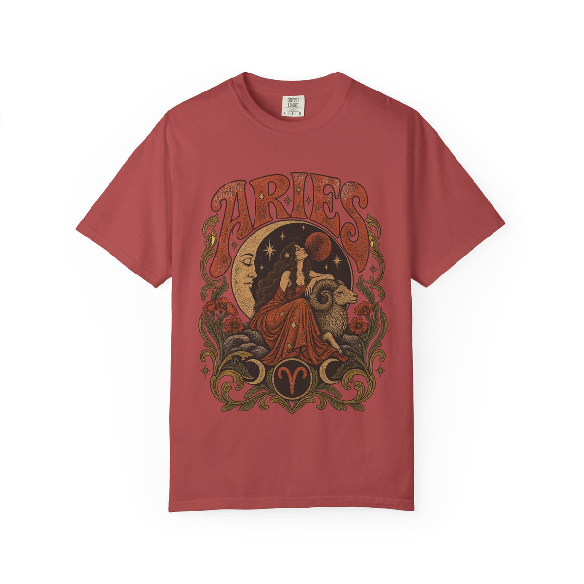 Aries Zodiac T‑Shirt — Vintage Moon & Ram Astrology Tee