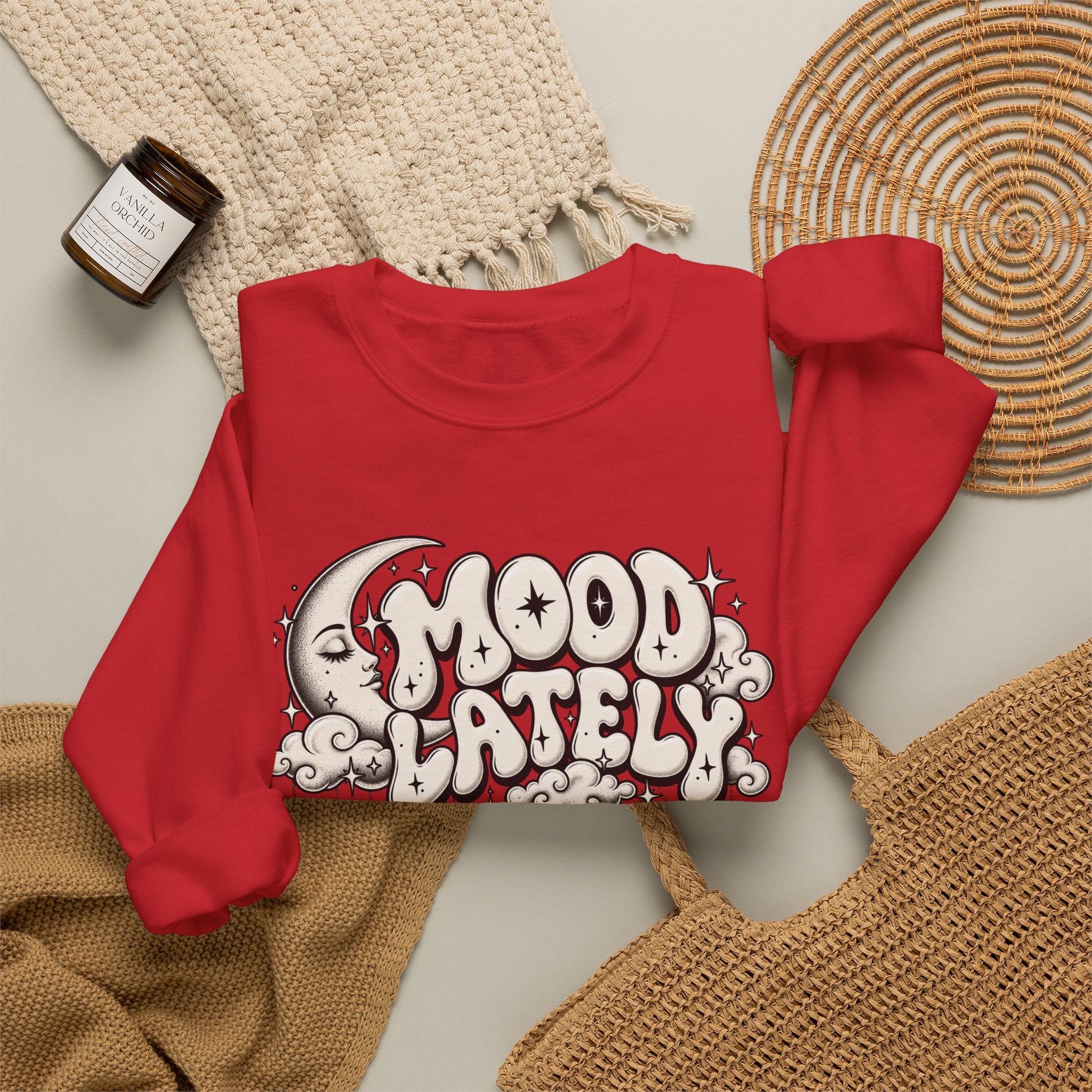 Crewneck Sweatshirt — 'Mood Lately' Retro Moon Graphic