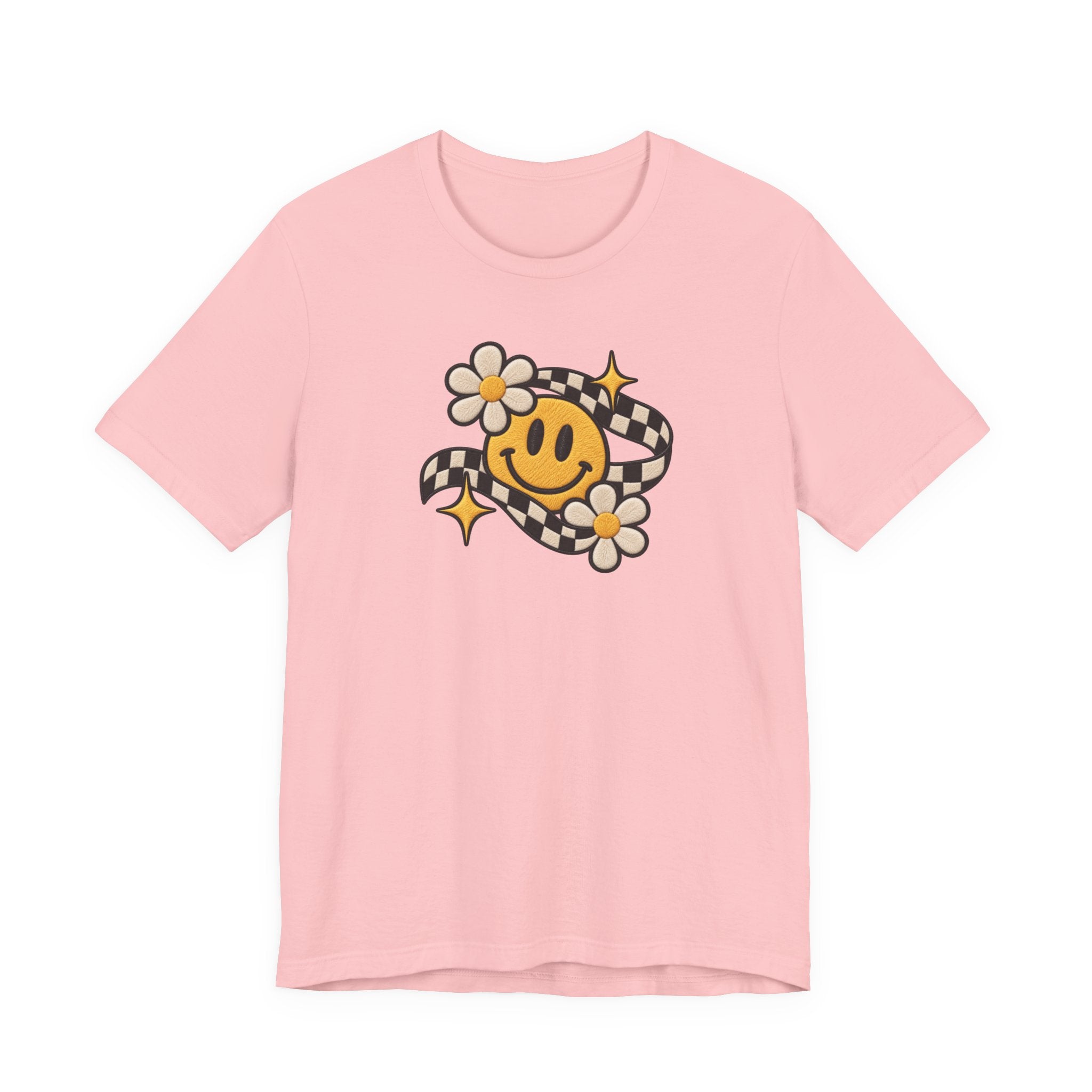 Smiley Flower Checkerboard Tee — Retro Happy Face Graphic T-Shirt
