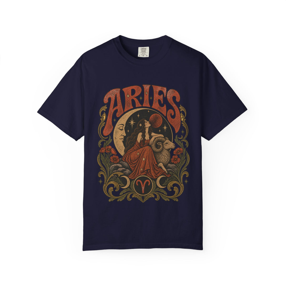 Aries Zodiac T‑Shirt — Vintage Moon & Ram Astrology Tee