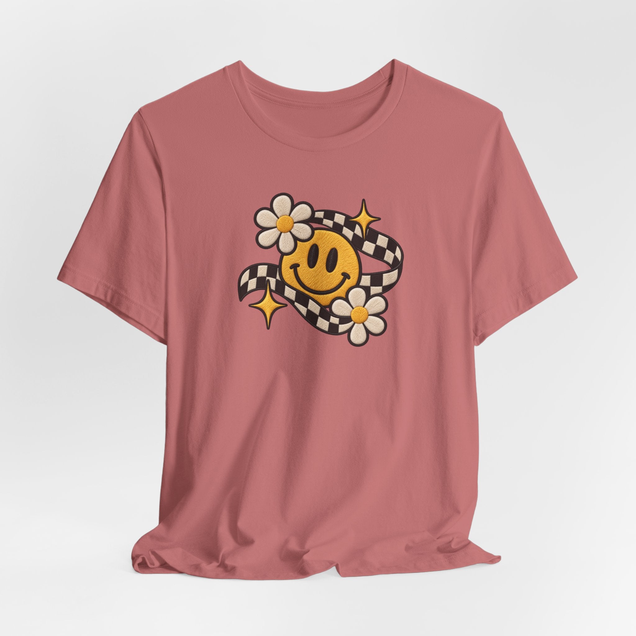 Smiley Flower Checkerboard Tee — Retro Happy Face Graphic T-Shirt