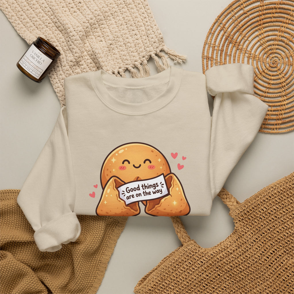 Crewneck Sweatshirt — Cute Fortune Cookie Graphic “Good Things Are On The Way”