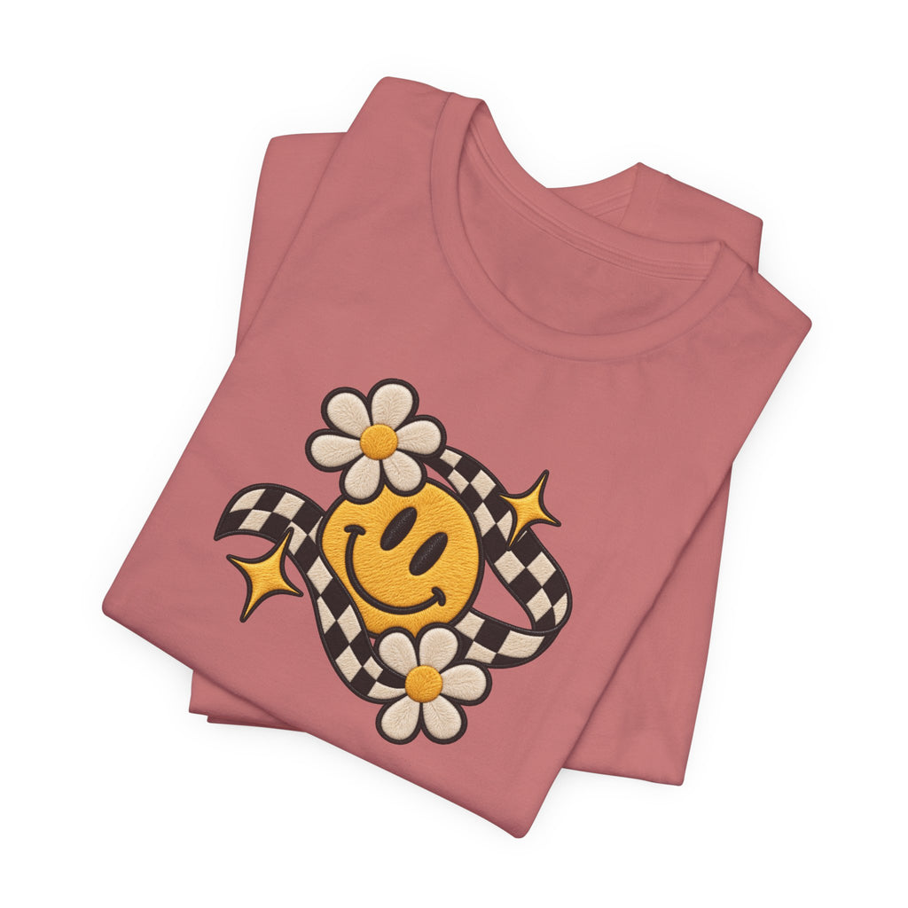 Smiley Flower Checkerboard Tee — Retro Happy Face Graphic T-Shirt