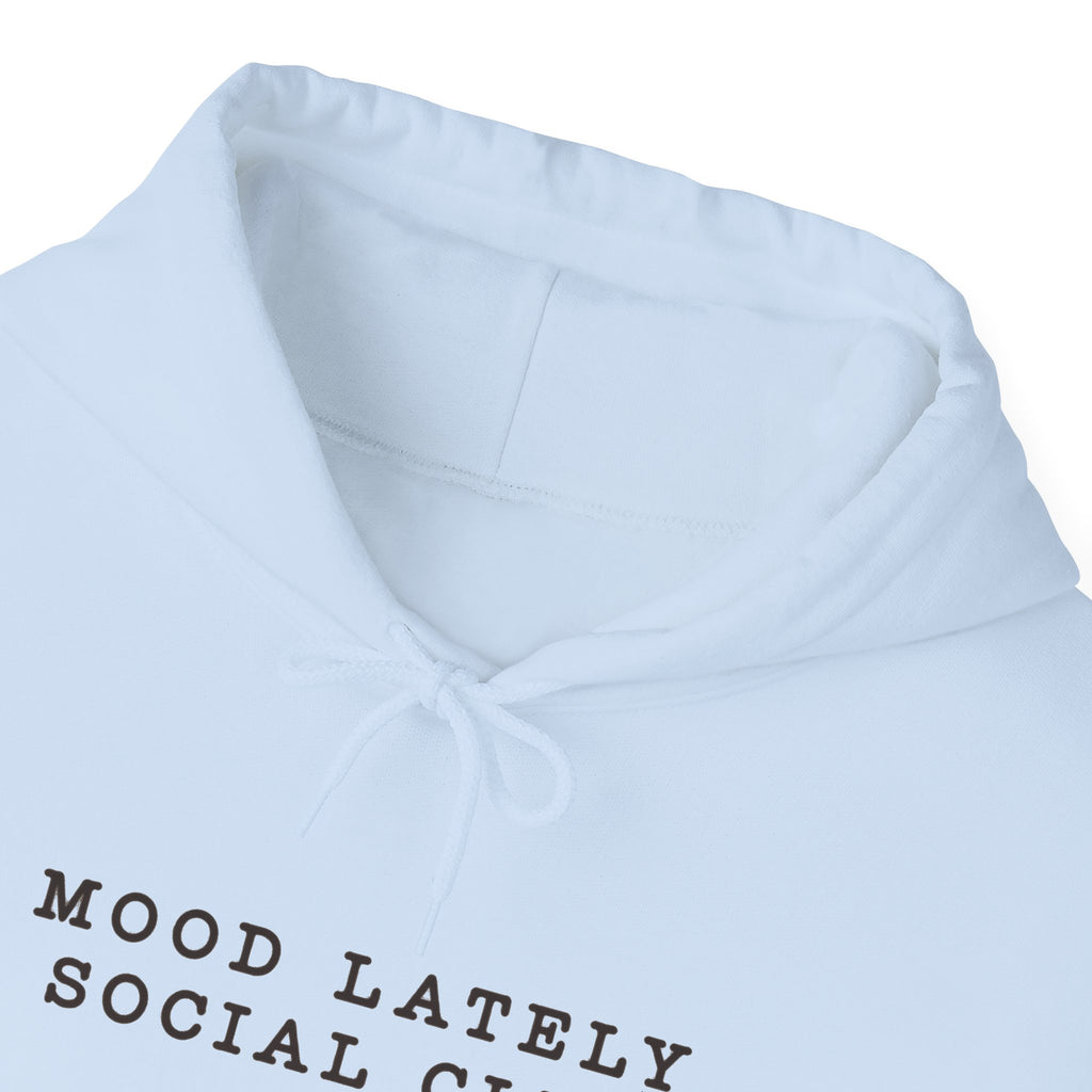 Mood Lately Social Club Hoodie — Minimal Text Graphic Pullover