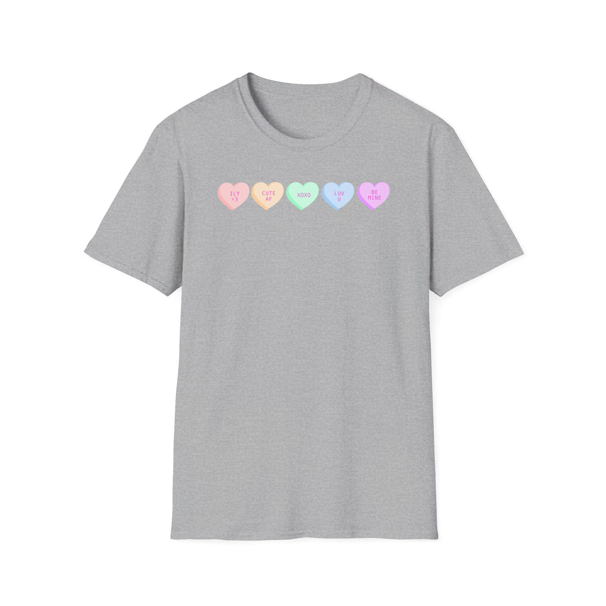 Conversation Heart Candy T-Shirt — Pastel ‘Be Mine, Cute AF, XOXO, Luv U’ Graphic