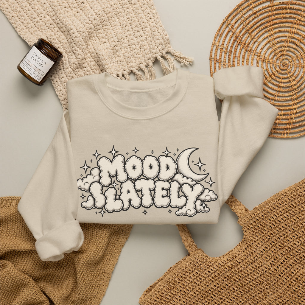 Mood Lately Crewneck Sweatshirt — Retro Cloud Lettering Graphic Pullover