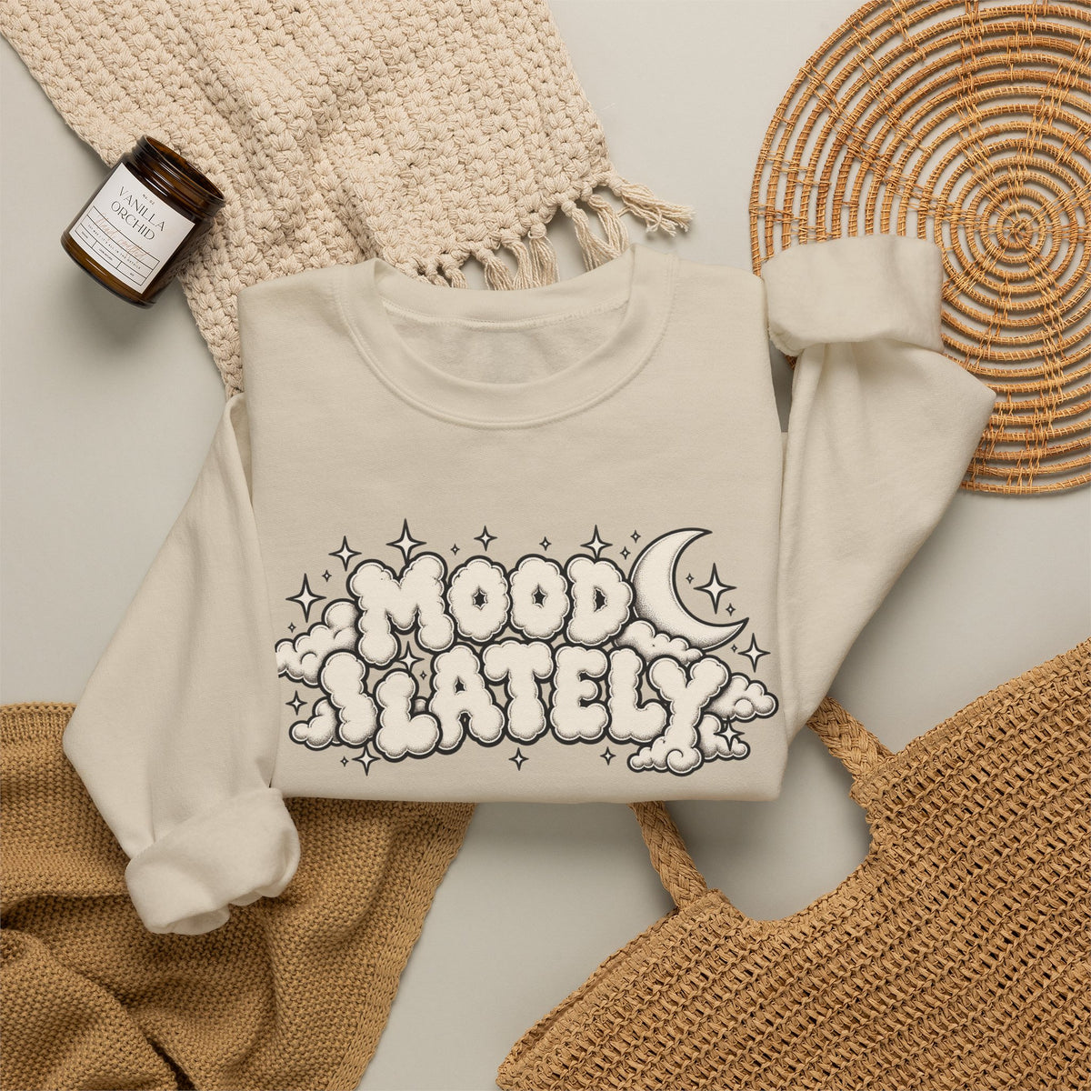 Mood Lately Crewneck Sweatshirt — Retro Cloud Lettering Graphic Pullover