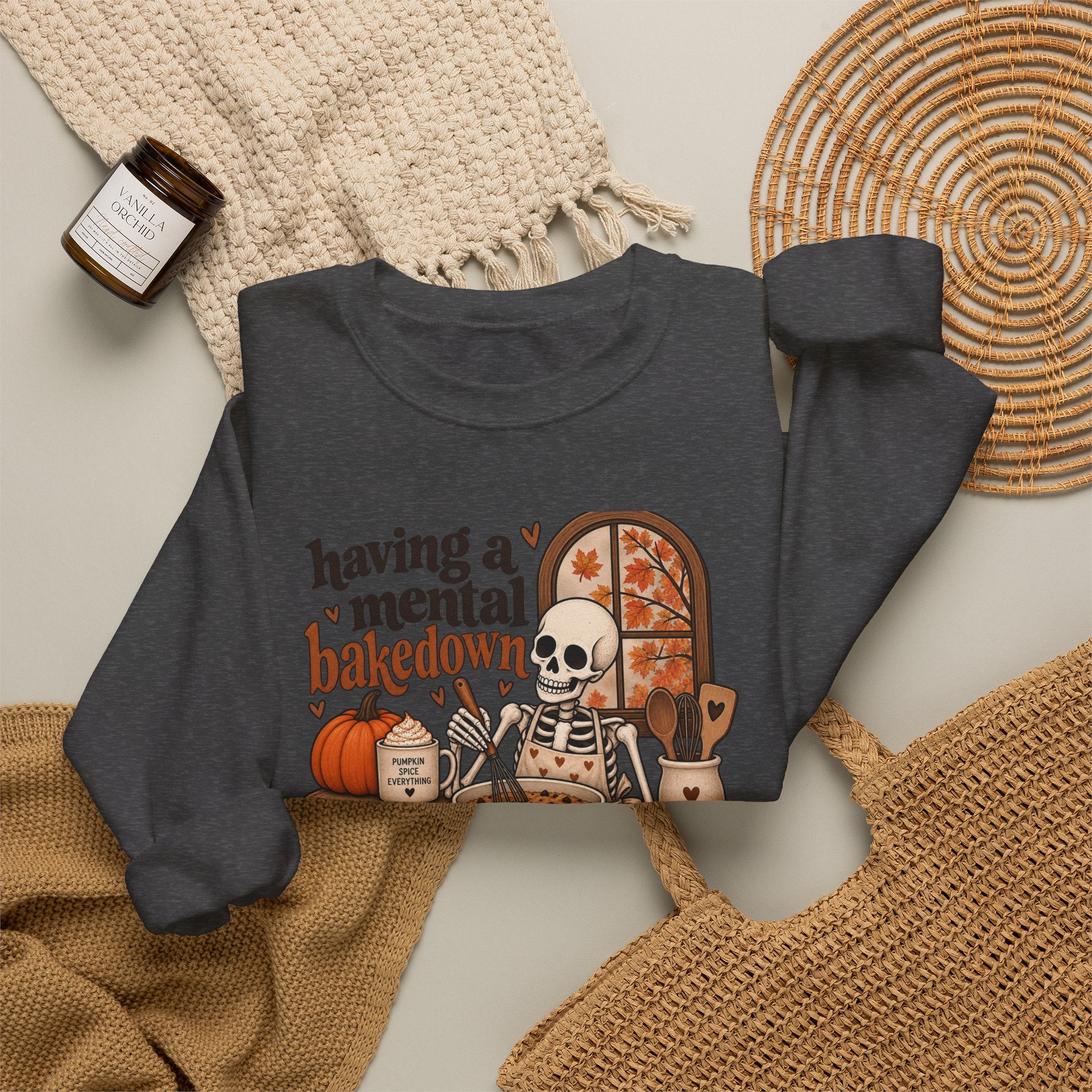 Fall Baking Skeleton Sweatshirt – “Having a Mental Bakedown” Cozy Halloween Crewneck