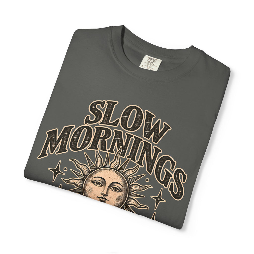 Slow Mornings Tee — Retro Sunrise Garment-Dyed Graphic T-Shirt