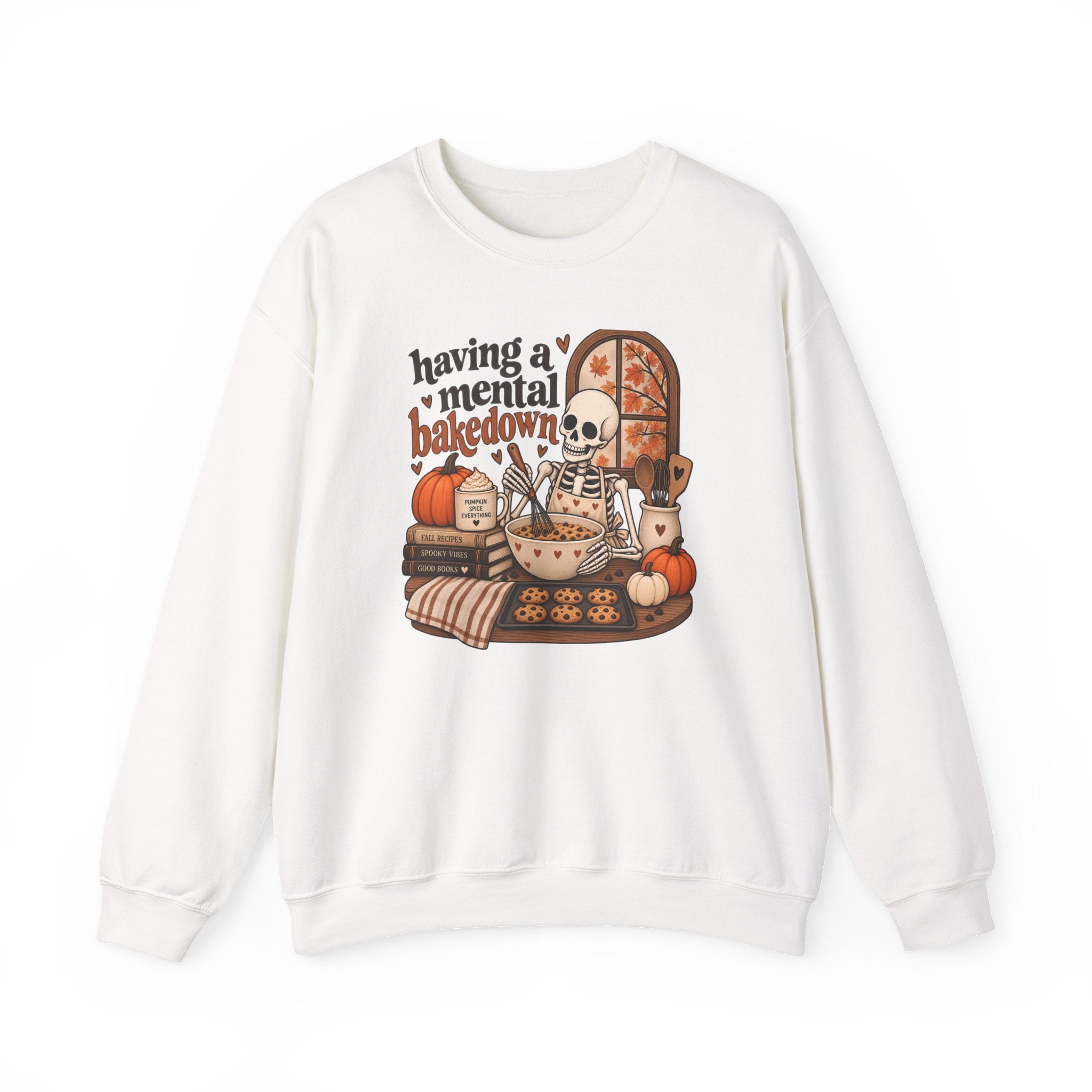 Fall Baking Skeleton Sweatshirt – “Having a Mental Bakedown” Cozy Halloween Crewneck