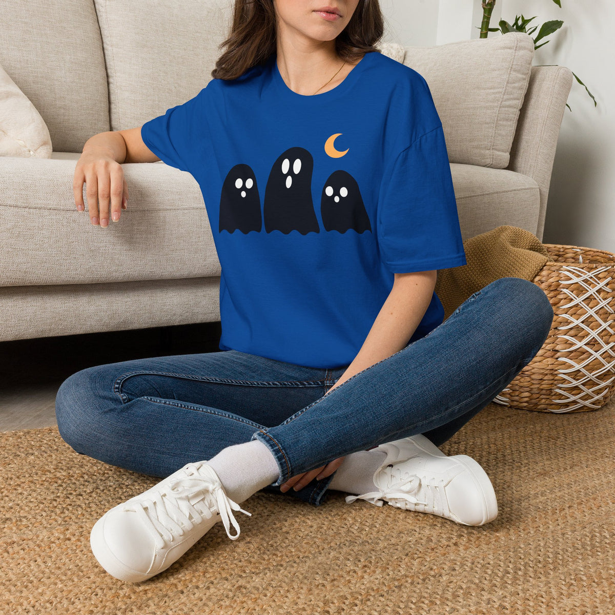 Ghost Trio T-Shirt — Cute Halloween Ghosts with Crescent Moon