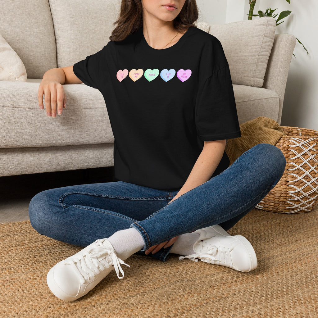 Conversation Heart Candy T-Shirt — Pastel ‘Be Mine, Cute AF, XOXO, Luv U’ Graphic