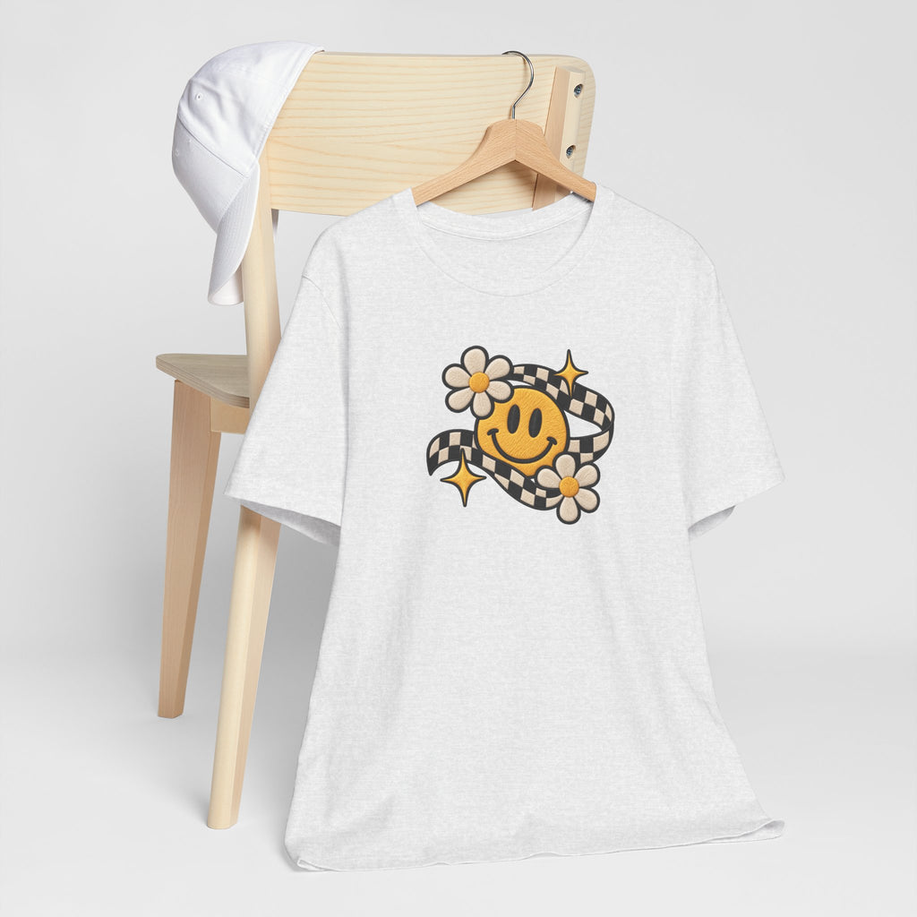 Smiley Flower Checkerboard Tee — Retro Happy Face Graphic T-Shirt