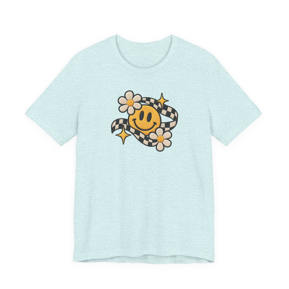 Smiley Flower Checkerboard Tee — Retro Happy Face Graphic T-Shirt