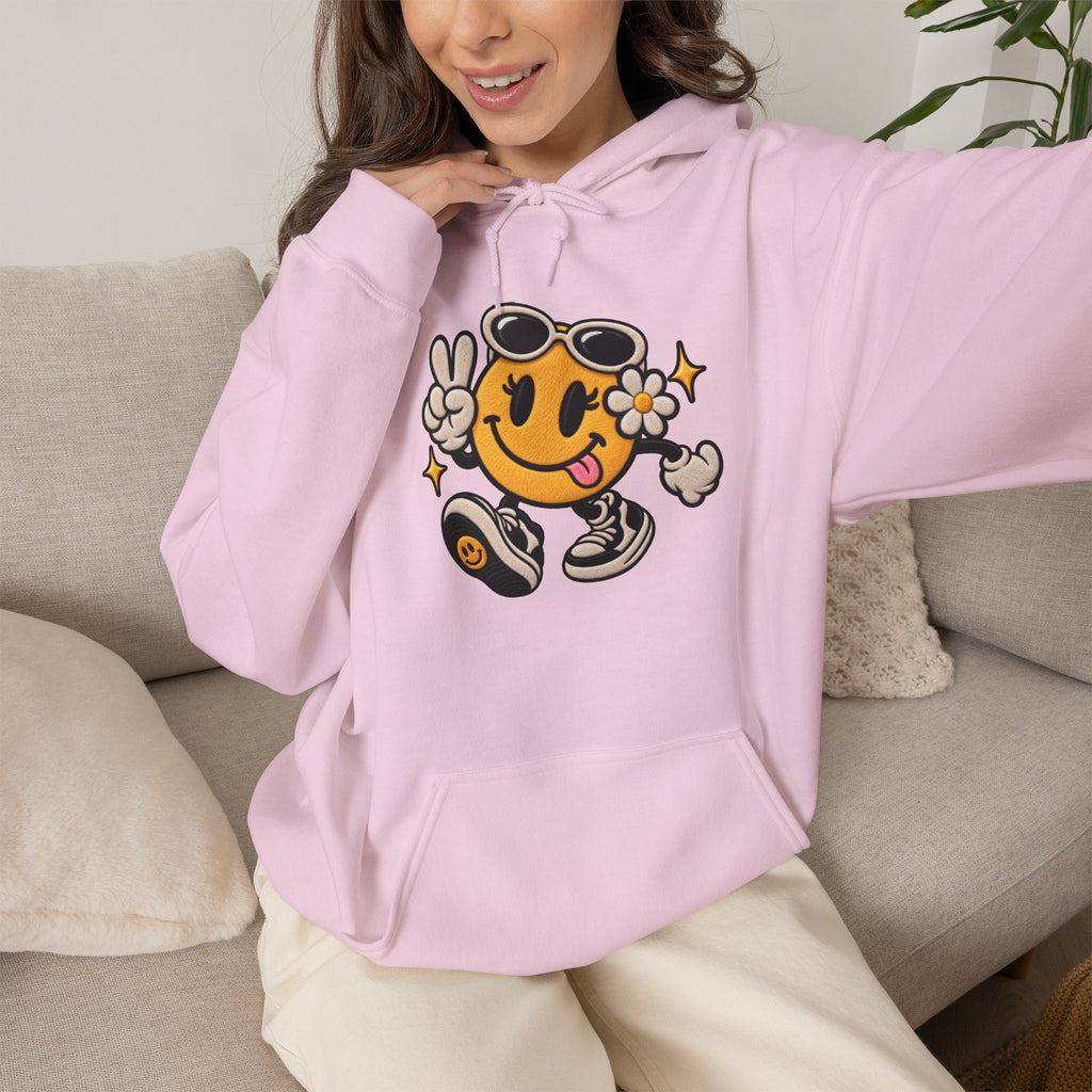 Smiley Peace Vibes Hoodie – Retro Dancing Smiley with Sunglasses