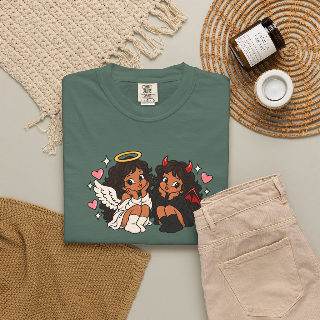 Angel and Devil Cute Graphic Tee — Kawaii Couple Illustration T-Shirt