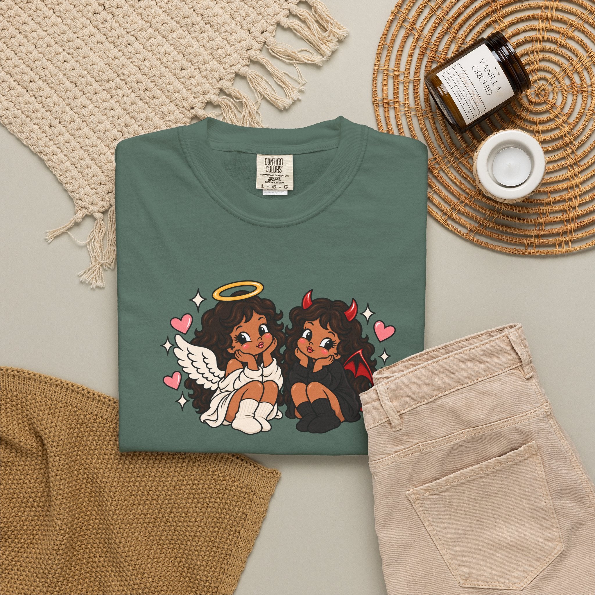 Angel and Devil Cute Graphic Tee — Kawaii Couple Illustration T-Shirt