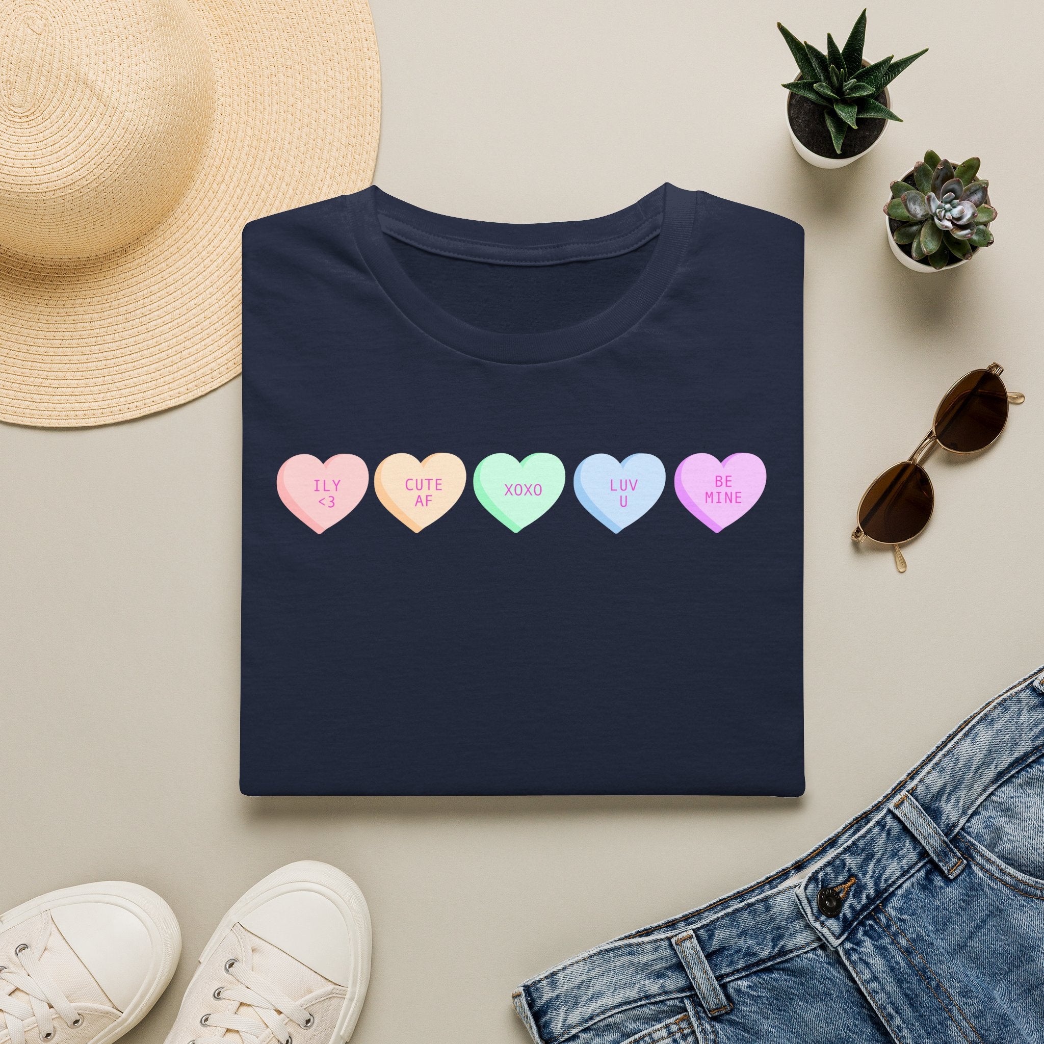 Conversation Heart Candy T-Shirt — Pastel ‘Be Mine, Cute AF, XOXO, Luv U’ Graphic