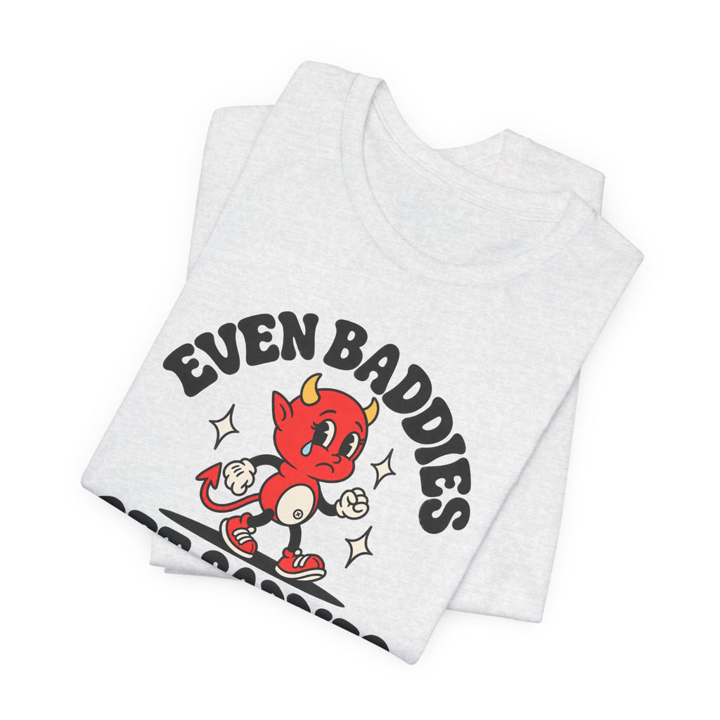 Graphic Tee — "Even Baddies Get Saddles" Cute Devil Skate T-Shirt