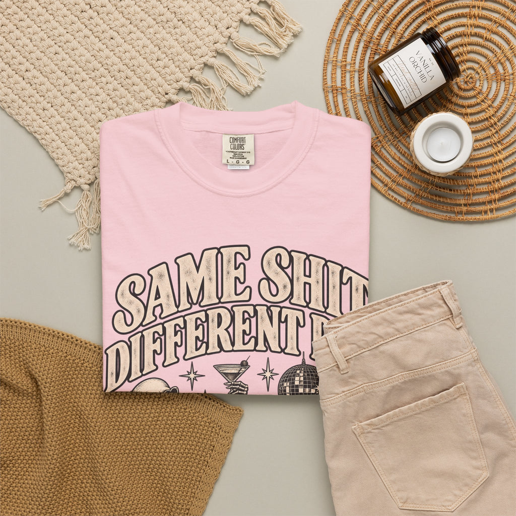 Same Shit Different Day Tee — Retro Skeleton Disco Graphic T-Shirt