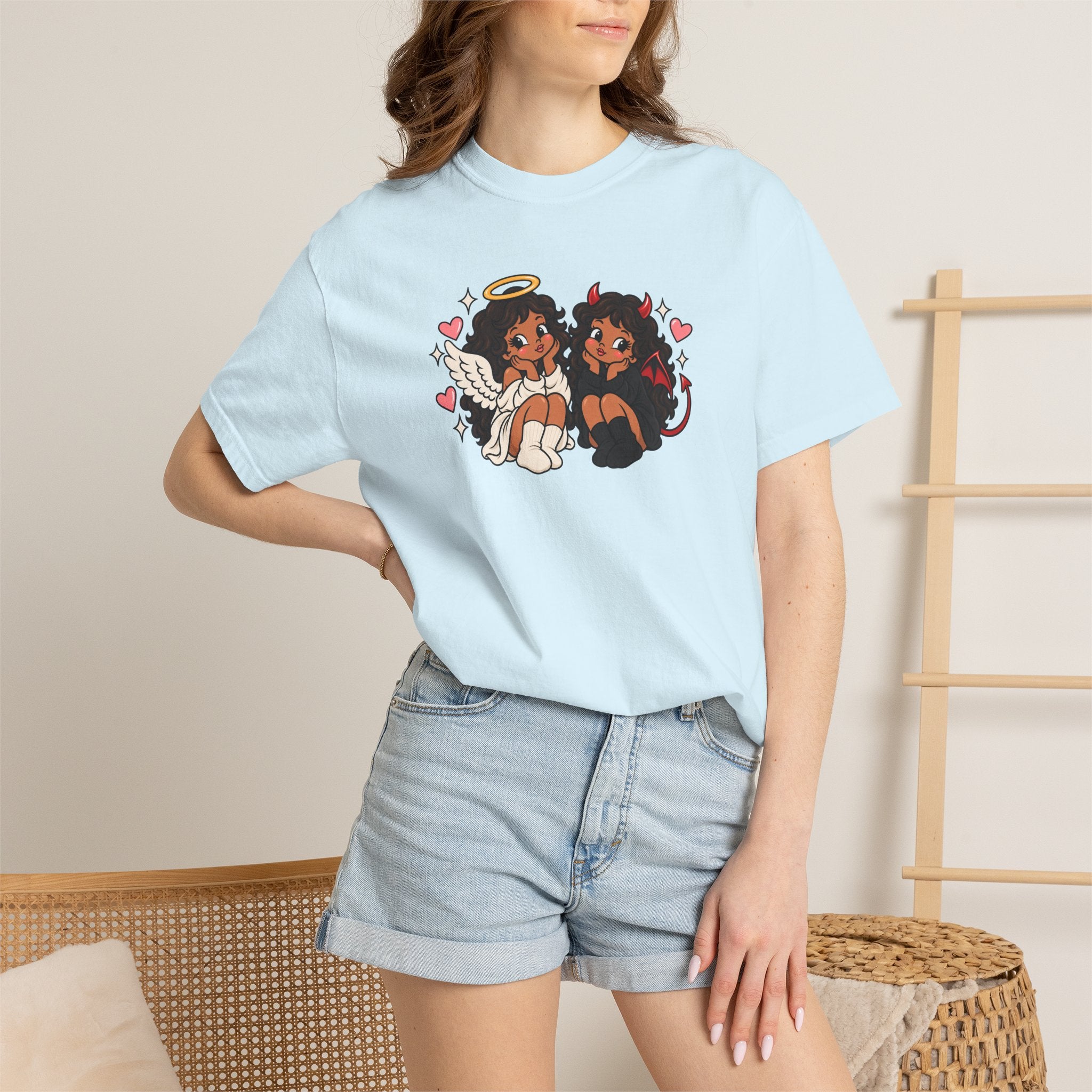 Angel and Devil Cute Graphic Tee — Kawaii Couple Illustration T-Shirt