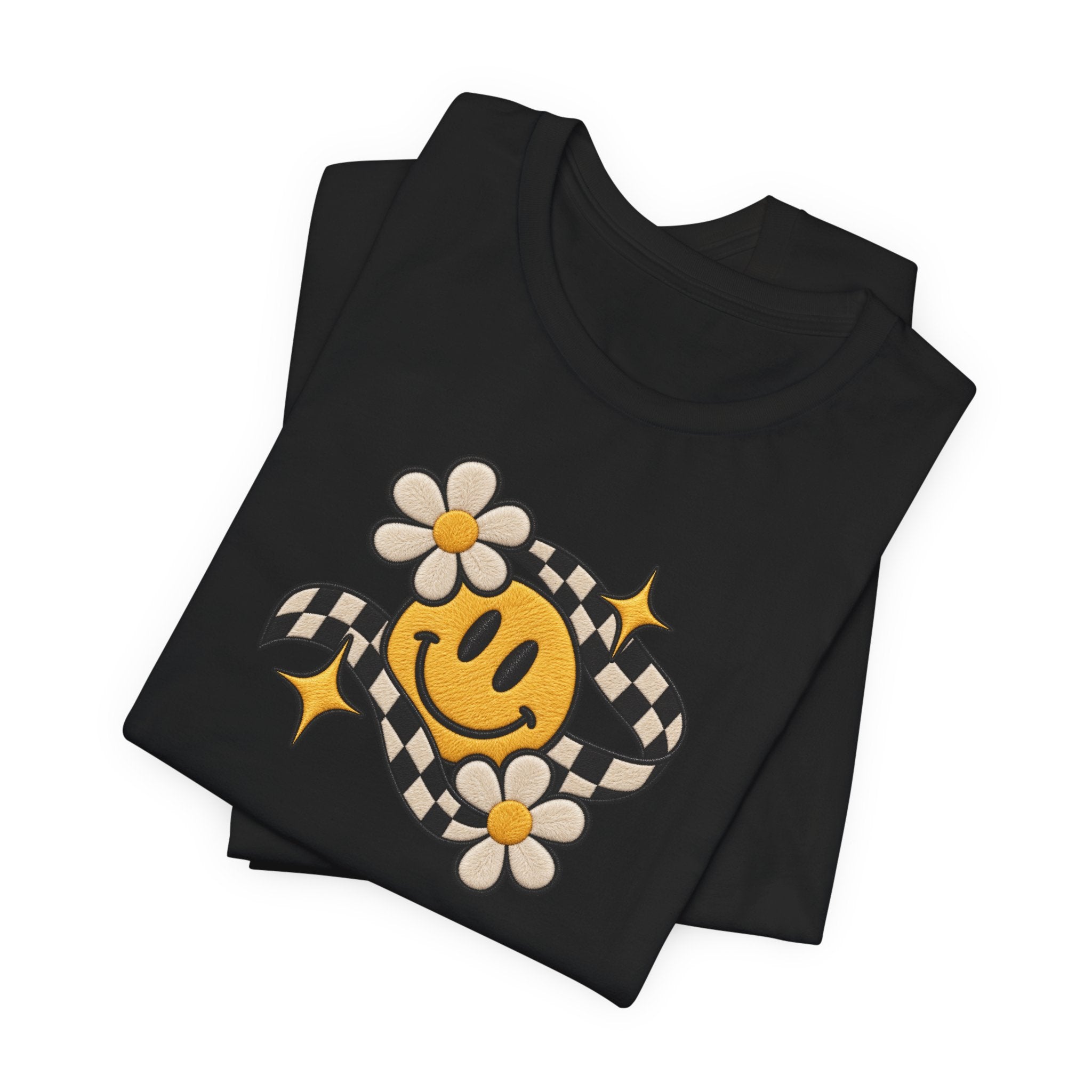 Smiley Flower Checkerboard Tee — Retro Happy Face Graphic T-Shirt