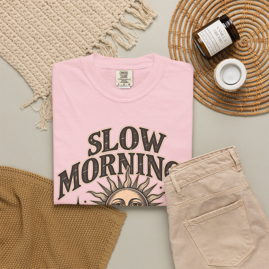 Slow Mornings Tee — Retro Sunrise Garment-Dyed Graphic T-Shirt