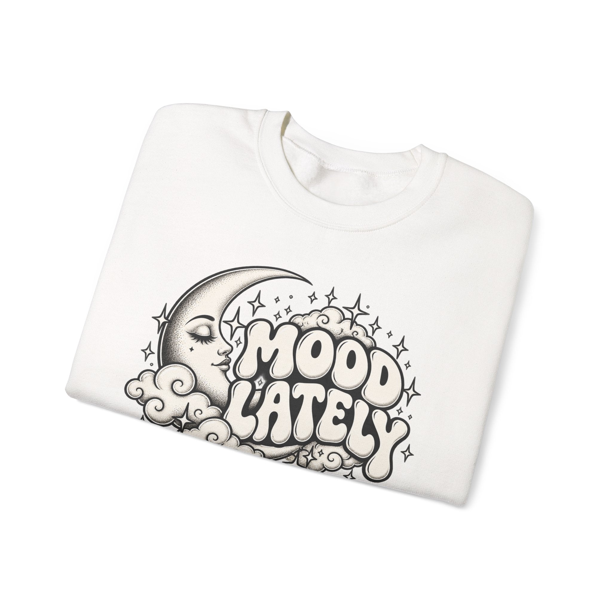 Mood Lately Crewneck Sweatshirt — Retro Moon & Cloud Graphic