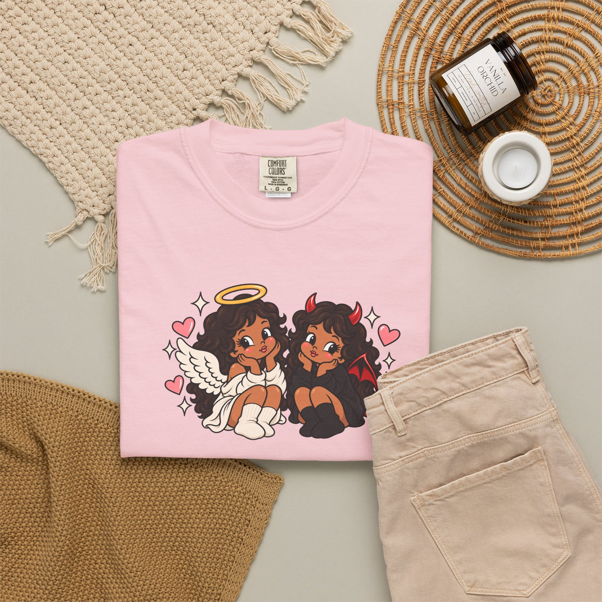 Angel and Devil Cute Graphic Tee — Kawaii Couple Illustration T-Shirt