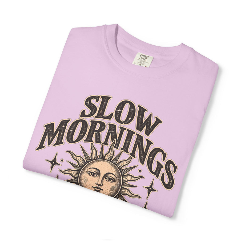 Slow Mornings Tee — Retro Sunrise Garment-Dyed Graphic T-Shirt