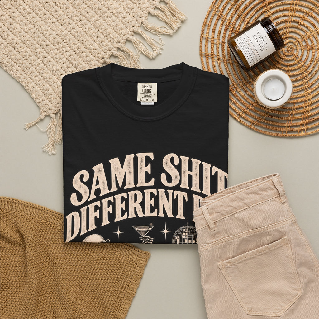 Same Shit Different Day Tee — Retro Skeleton Disco Graphic T-Shirt