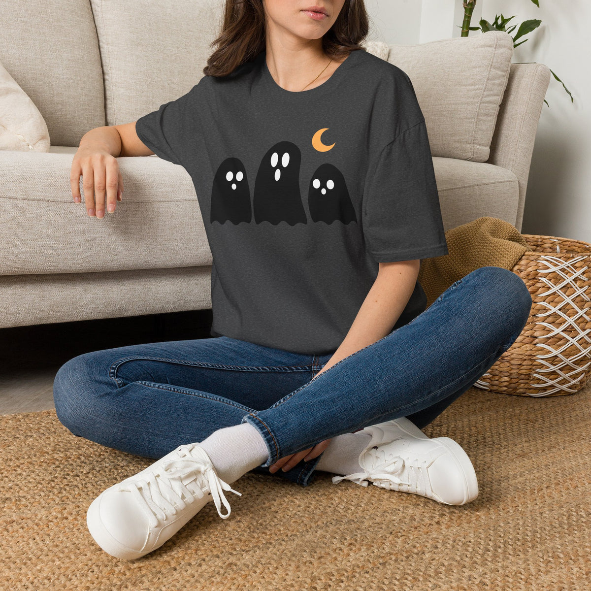 Ghost Trio T-Shirt — Cute Halloween Ghosts with Crescent Moon