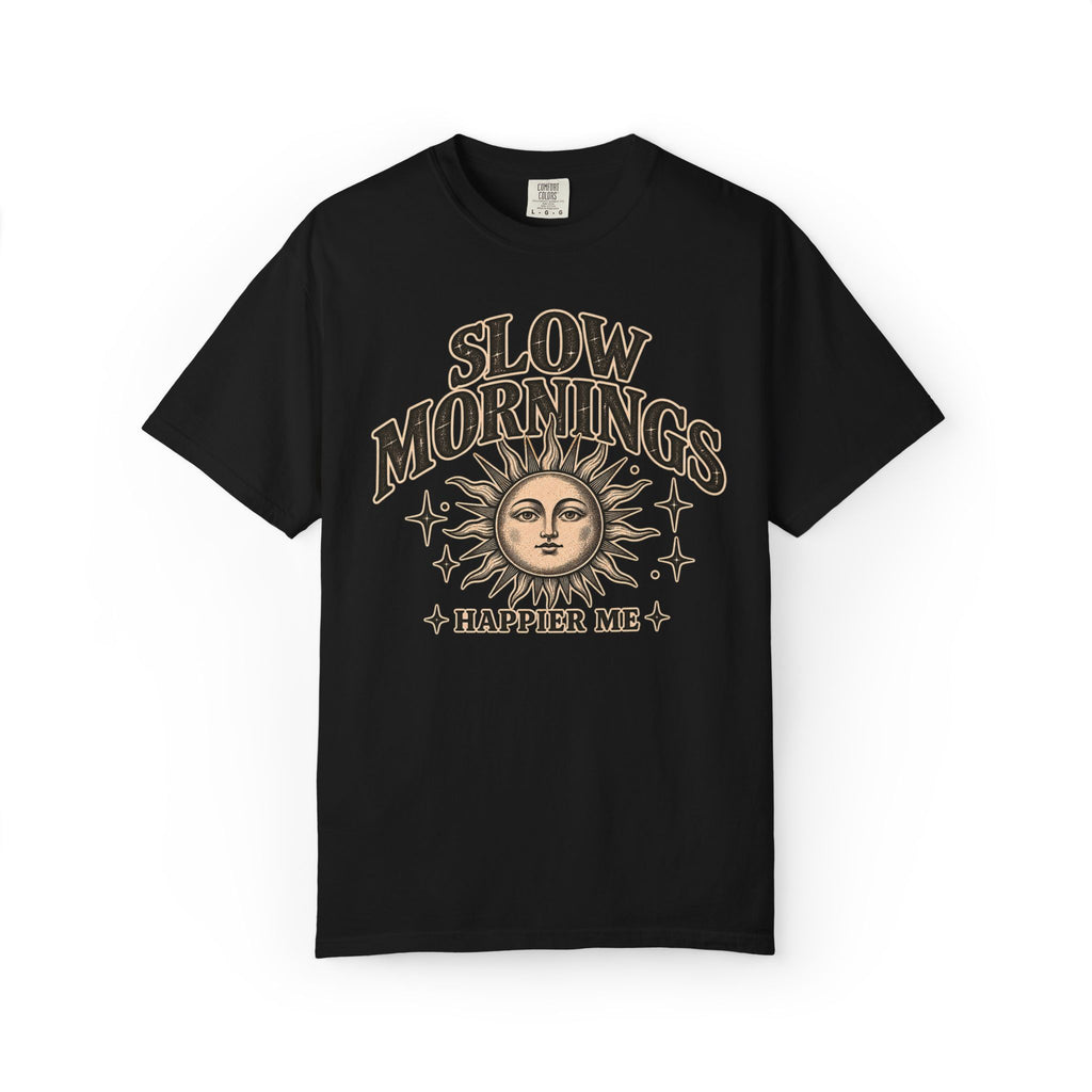 Slow Mornings Tee — Retro Sunrise Garment-Dyed Graphic T-Shirt