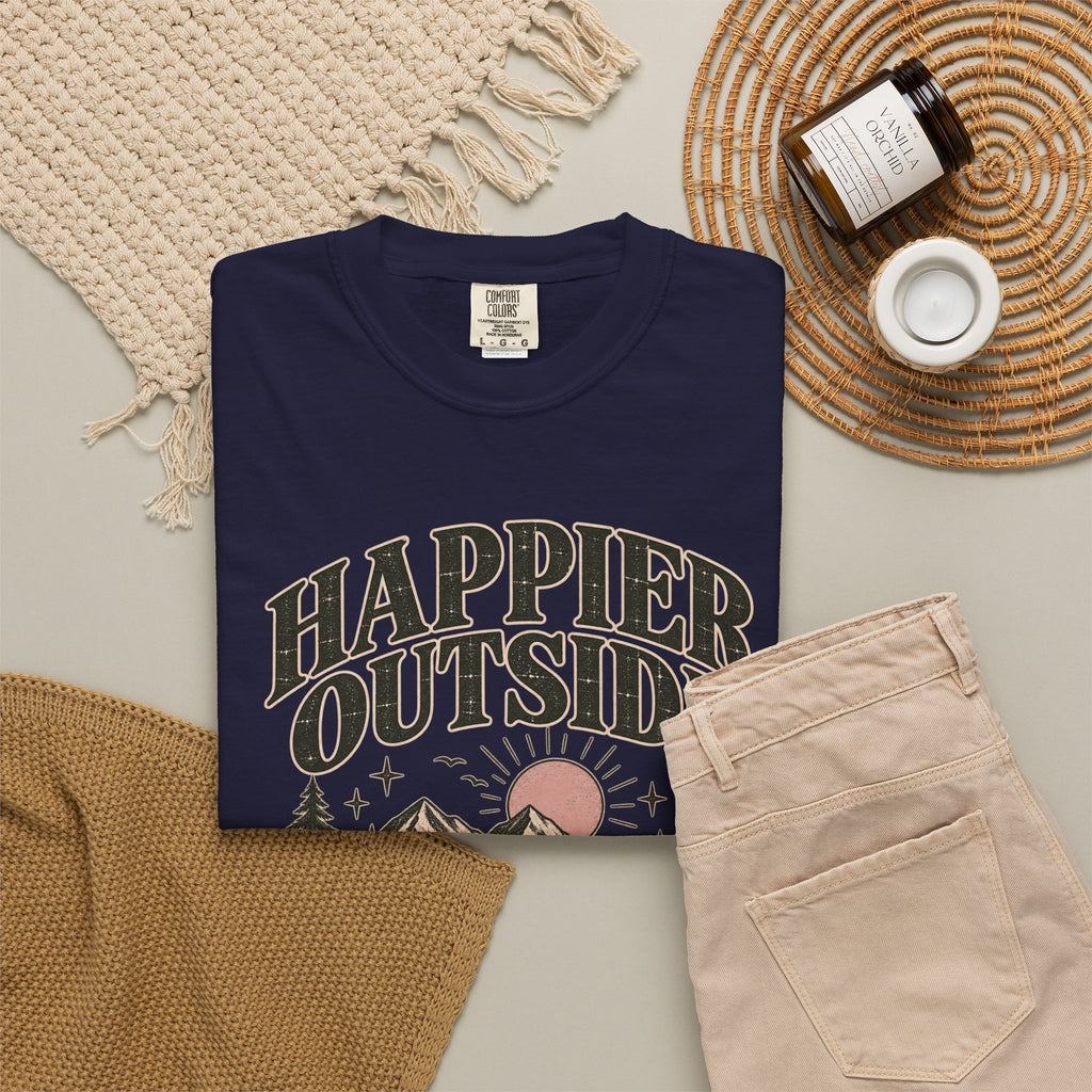 Happier Outside Tee — Nature Lover Graphic Garment-Dyed T-Shirt