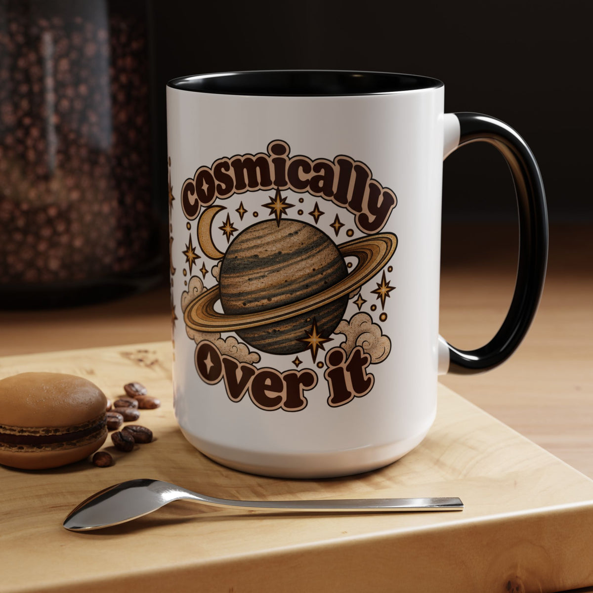 Cosmically Over It Mug — Retro Planet Celestial Ceramic Coffee Mug