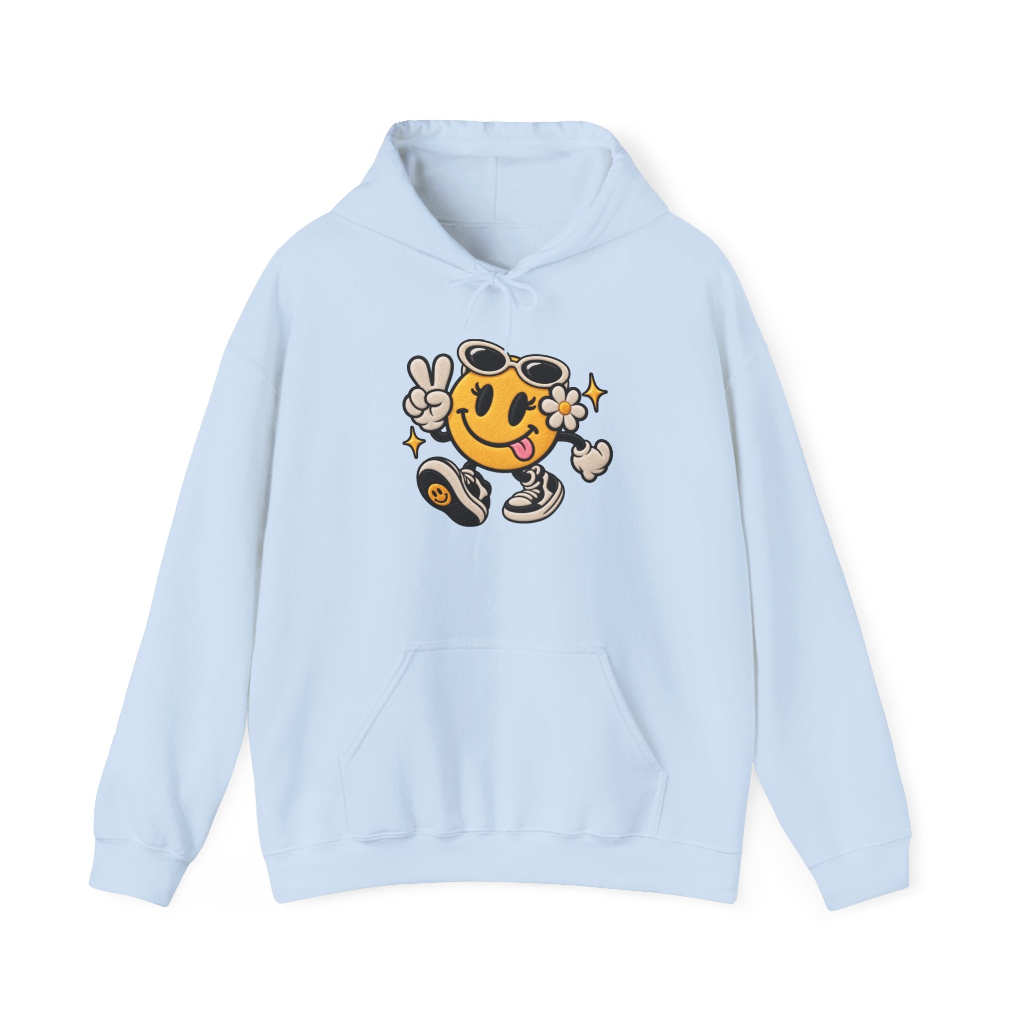 Smiley Peace Vibes Hoodie – Retro Dancing Smiley with Sunglasses