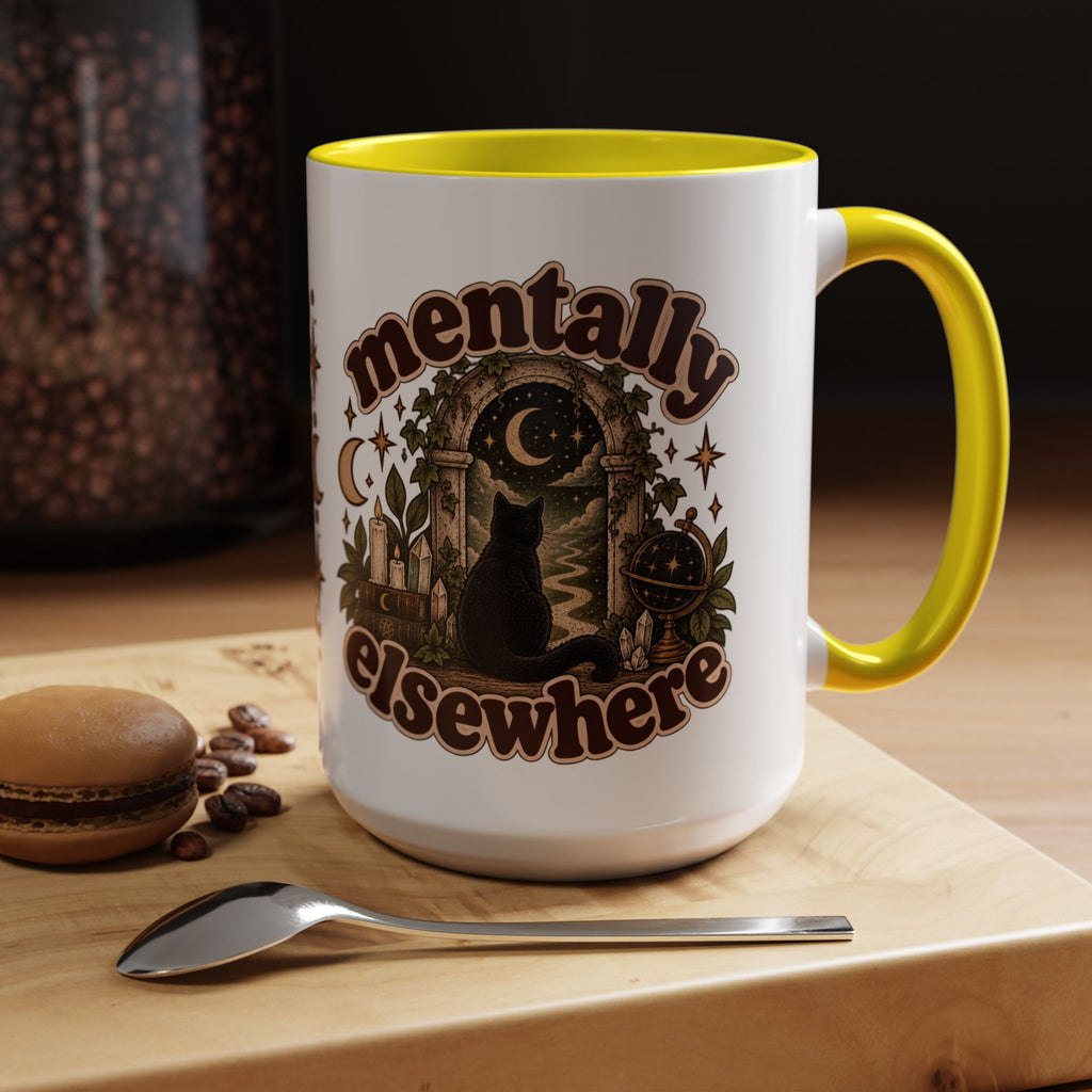 Mentally Elsewhere Mug — Black Cat Celestial Ceramic Coffee Mug
